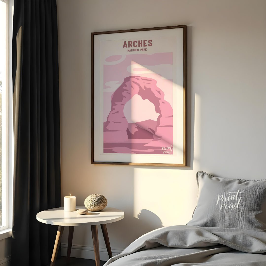This artistic poster features a minimalist and stylized depiction of Delicate Arch, a famous landma… for bedroom