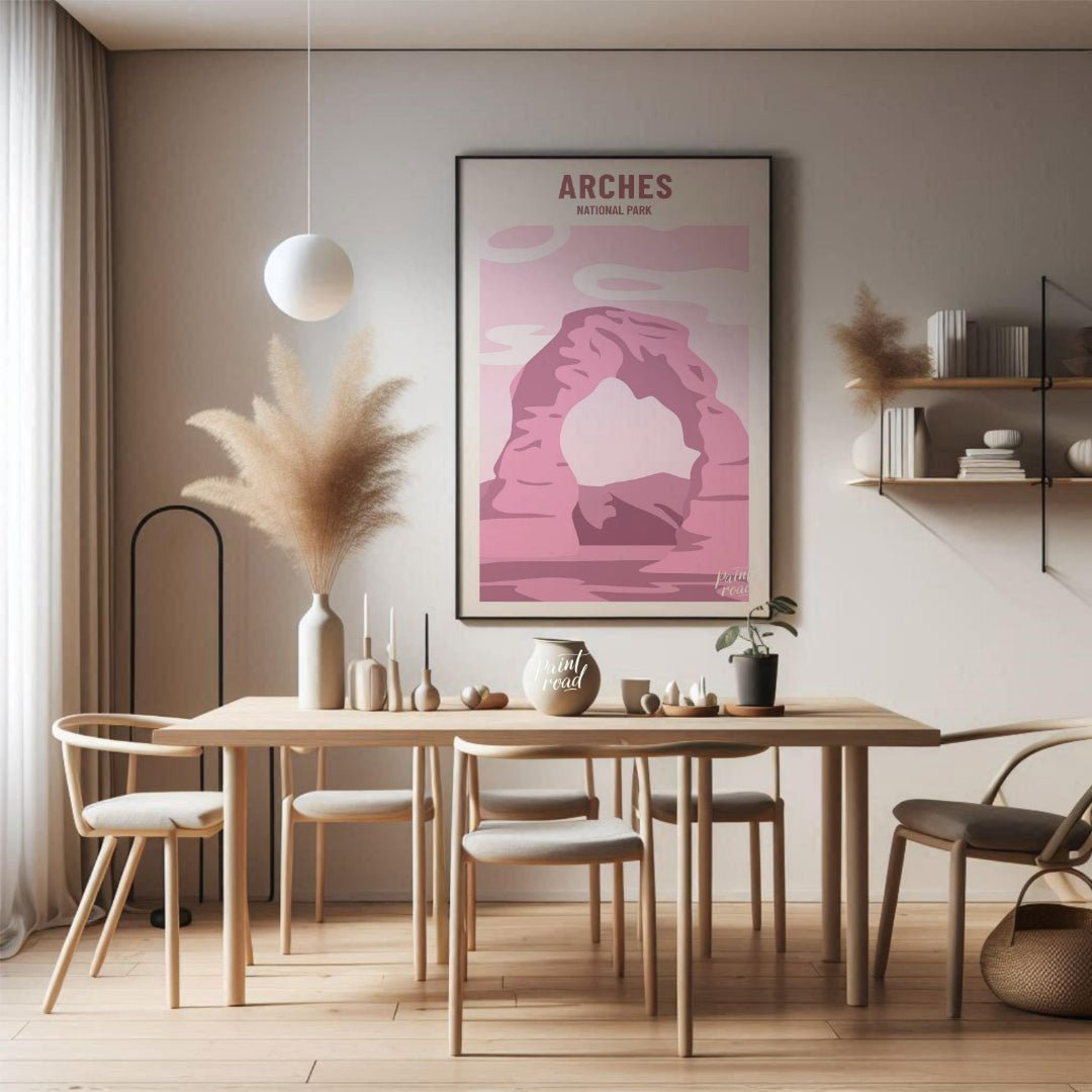 This artistic poster features a minimalist and stylized depiction of Delicate Arch, a famous landma… for dining room