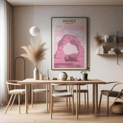 This artistic poster features a minimalist and stylized depiction of Delicate Arch, a famous landma… for dining room