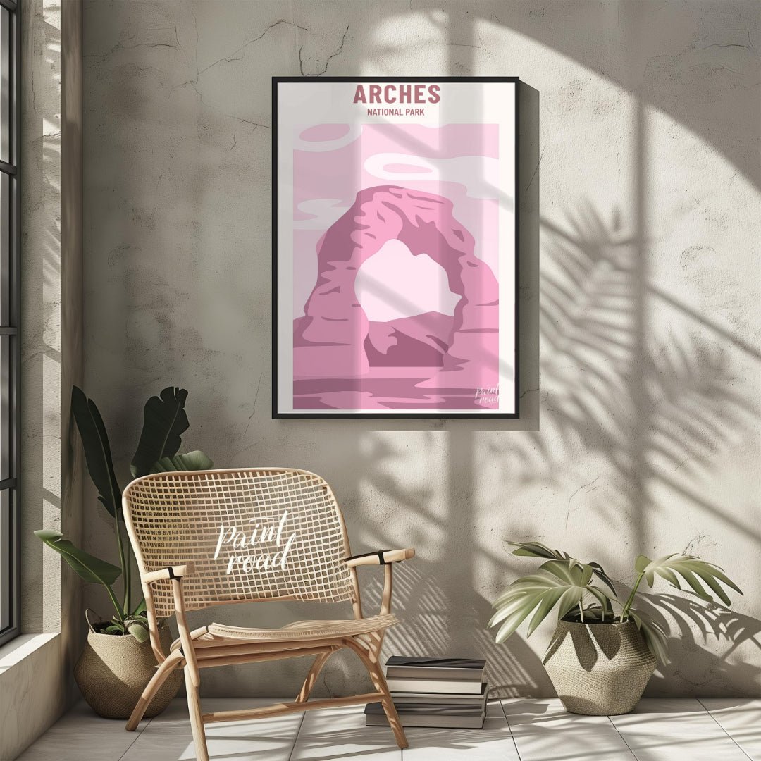 This artistic poster features a minimalist and stylized depiction of Delicate Arch, a famous landma… for living room