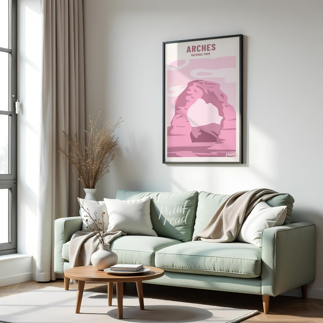 This artistic poster features a minimalist and stylized depiction of Delicate Arch, a famous landma… for living room