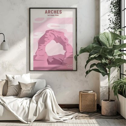 This artistic poster features a minimalist and stylized depiction of Delicate Arch, a famous landma… for living room