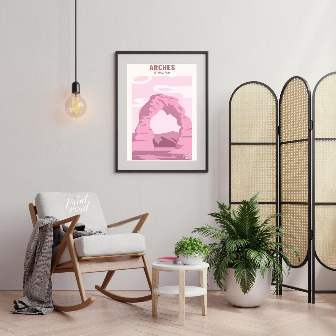 This artistic poster features a minimalist and stylized depiction of Delicate Arch, a famous landma… for living room