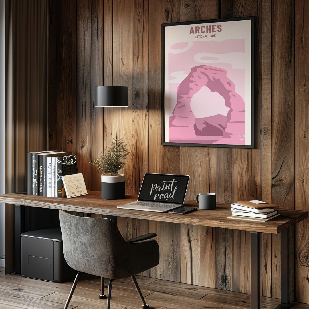 This artistic poster features a minimalist and stylized depiction of Delicate Arch, a famous landma… for office