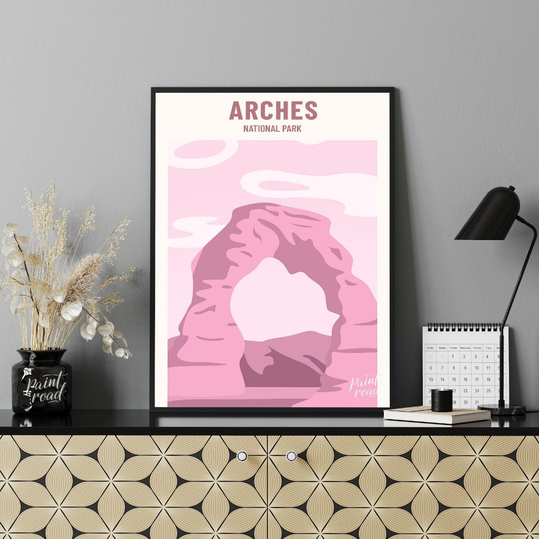 This artistic poster features a minimalist and stylized depiction of Delicate Arch, a famous landma… for office
