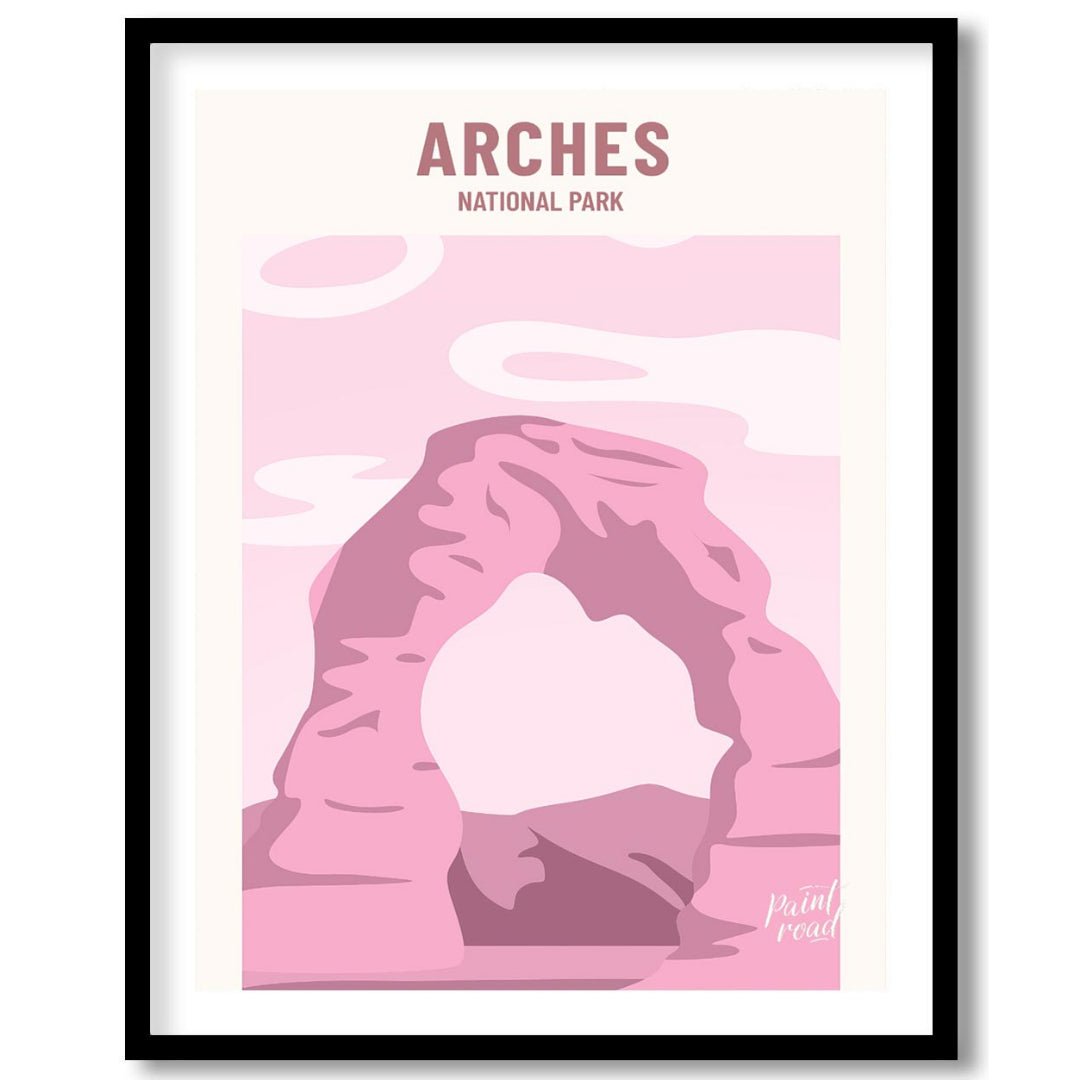 This artistic poster features a minimalist and stylized depiction of Delicate Arch, a famous landma… for room