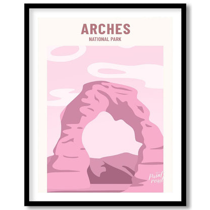 This artistic poster features a minimalist and stylized depiction of Delicate Arch, a famous landma… for room