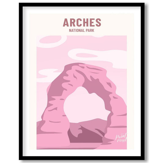 This artistic poster features a minimalist and stylized depiction of Delicate Arch, a famous landma… for room