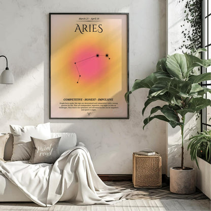 This Aries zodiac sign poster celebrates those born between March 21 and April 19, with a bold and … for living room