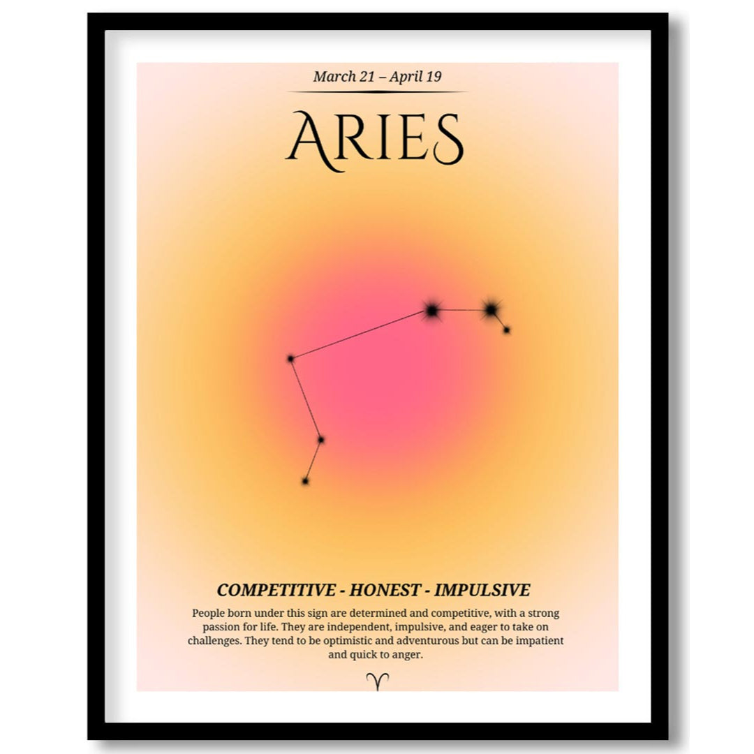 This Aries zodiac sign poster celebrates those born between March 21 and April 19, with a bold and … for place