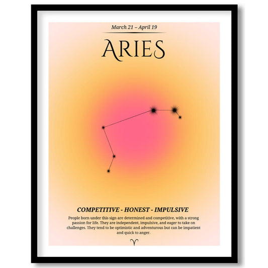 This Aries zodiac sign poster celebrates those born between March 21 and April 19, with a bold and … for place