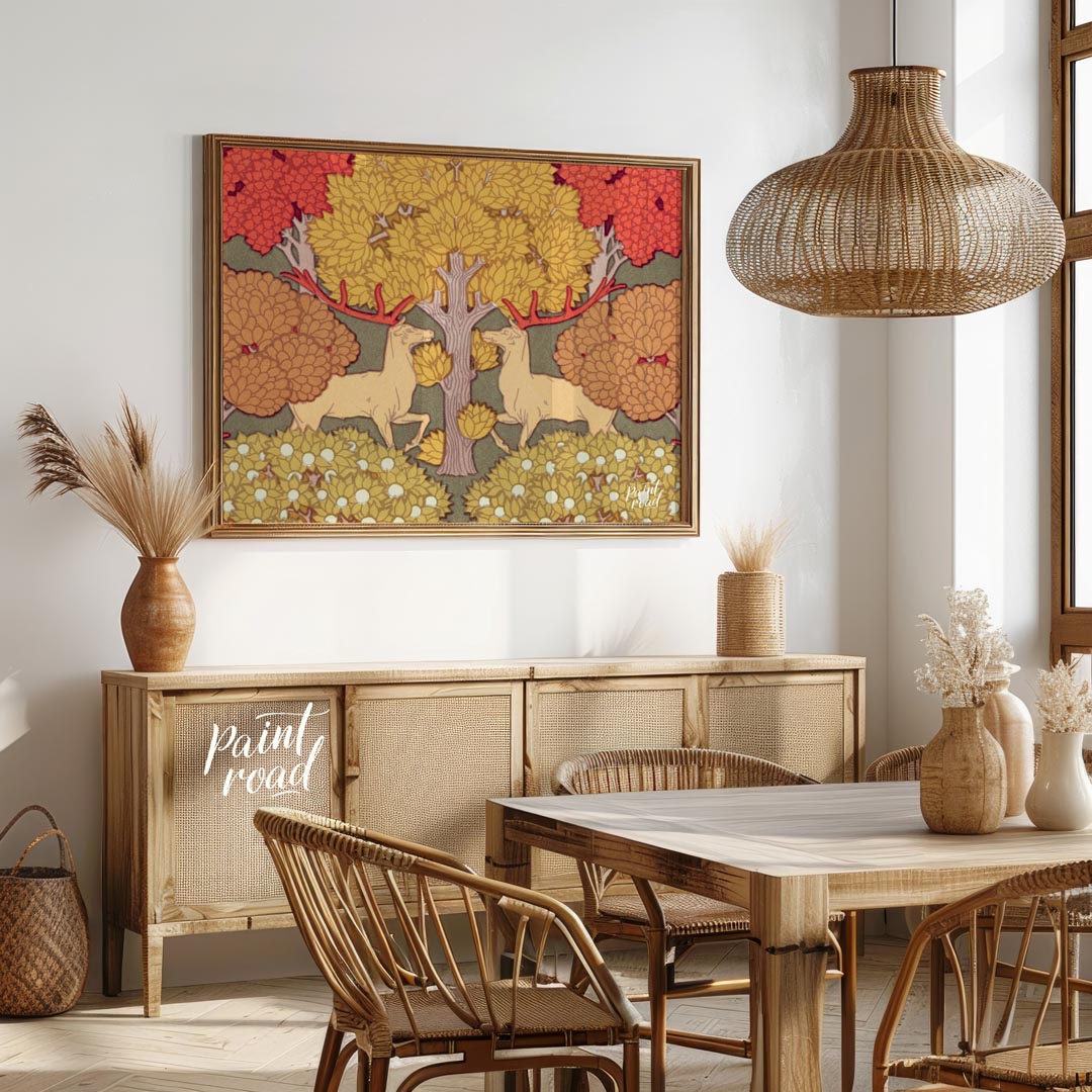 This highly stylized and symmetrical artwork is a captivating example of Art Nouveau design, featur… for dining room