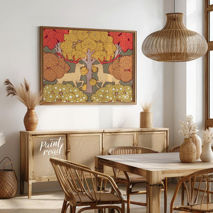 This highly stylized and symmetrical artwork is a captivating example of Art Nouveau design, featur… for dining room