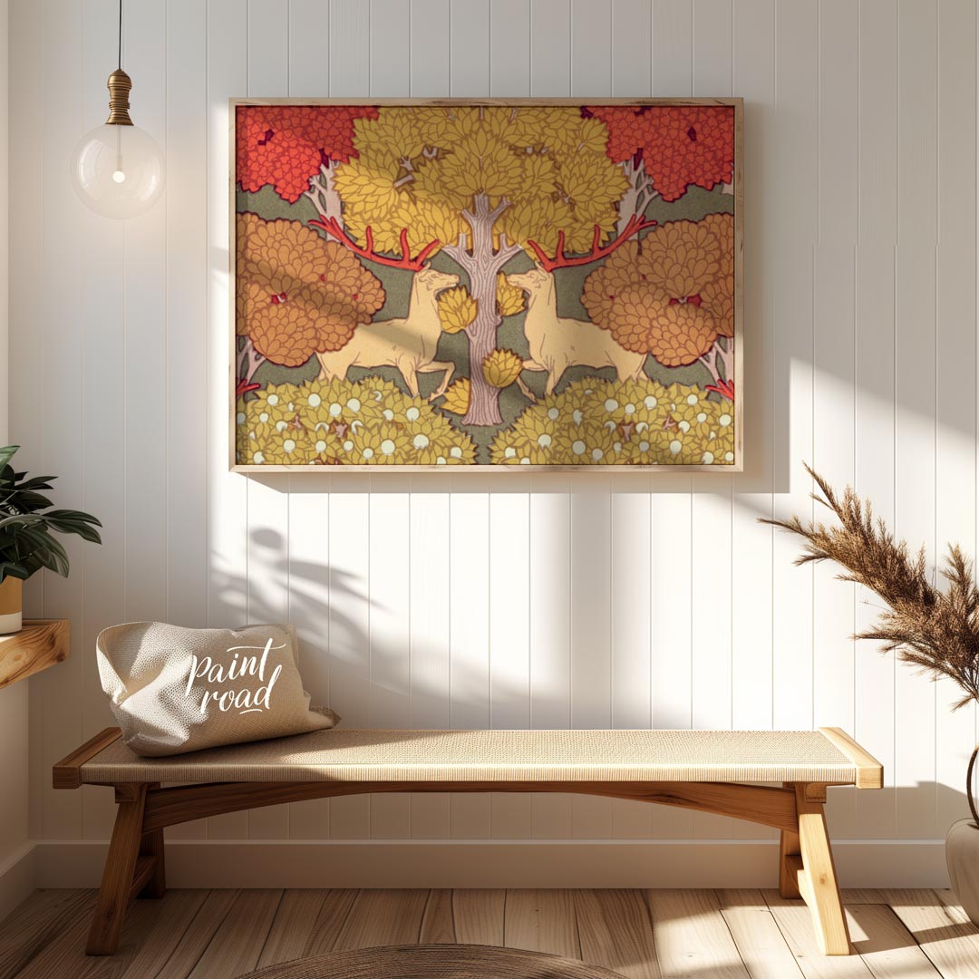 This highly stylized and symmetrical artwork is a captivating example of Art Nouveau design, featur… for entryway
