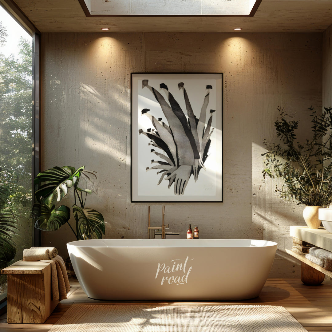 """Ascending Chorus"" presents a dynamic composition of stylized figures rendered in grayscale tone… for bathroom