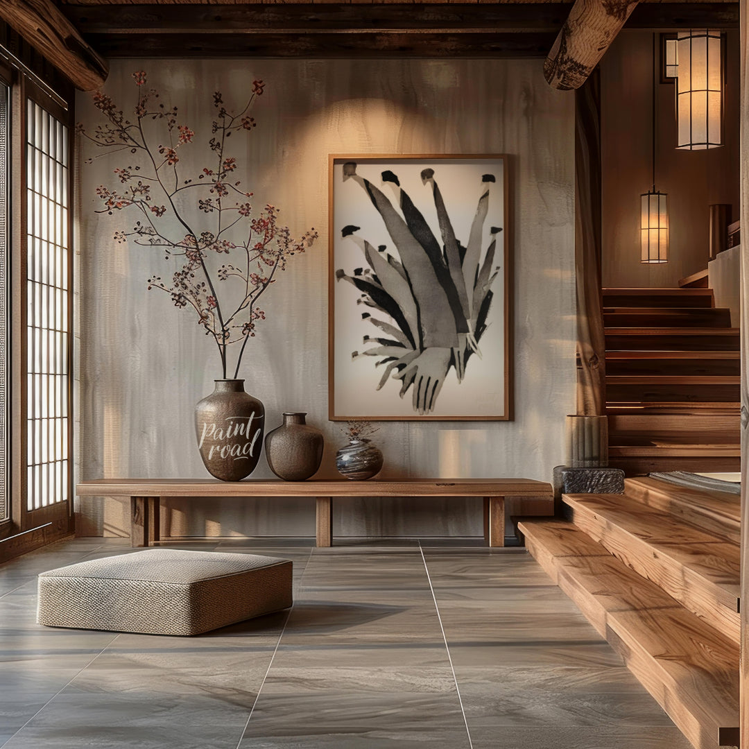 """Ascending Chorus"" presents a dynamic composition of stylized figures rendered in grayscale tone… for entryway