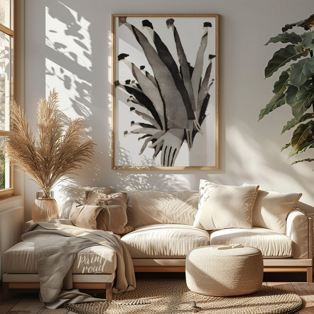 """Ascending Chorus"" presents a dynamic composition of stylized figures rendered in grayscale tone… for living room