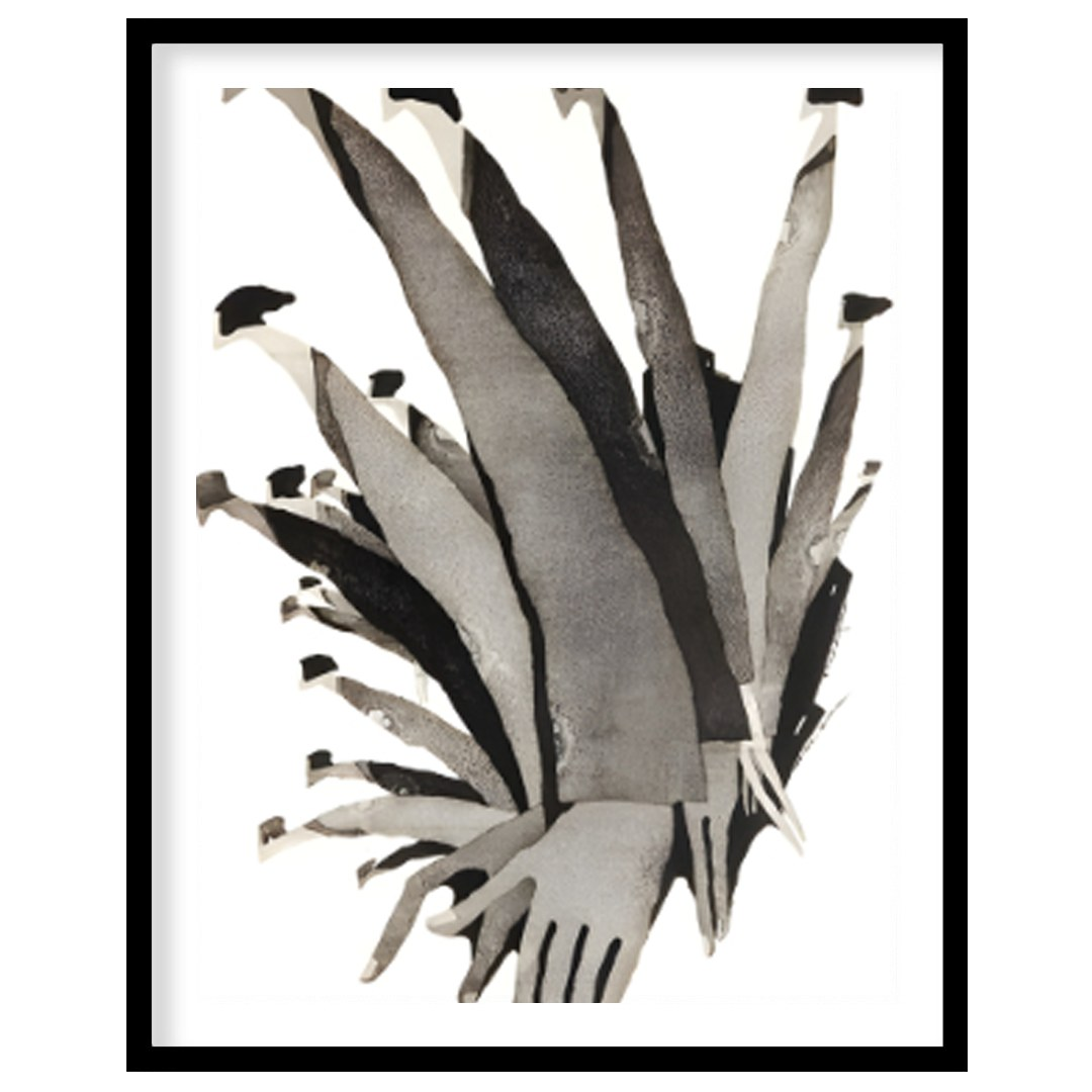 """Ascending Chorus"" presents a dynamic composition of stylized figures rendered in grayscale tone… for sweet home
