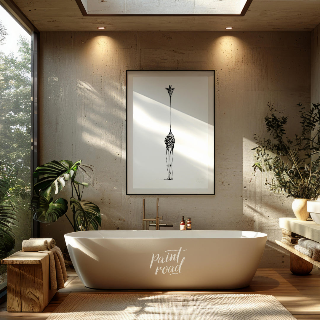 """Ascending Giraffe"" presents a minimalist illustration of a giraffe, rendered in black ink again… for bathroom