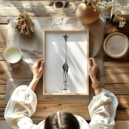 """Ascending Giraffe"" presents a minimalist illustration of a giraffe, rendered in black ink again… for dining room
