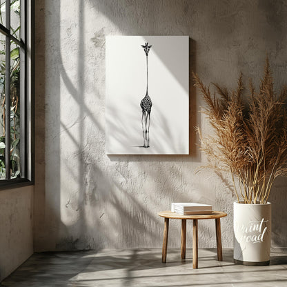 """Ascending Giraffe"" presents a minimalist illustration of a giraffe, rendered in black ink again… for living room