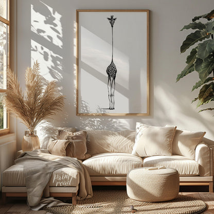 """Ascending Giraffe"" presents a minimalist illustration of a giraffe, rendered in black ink again… for living room
