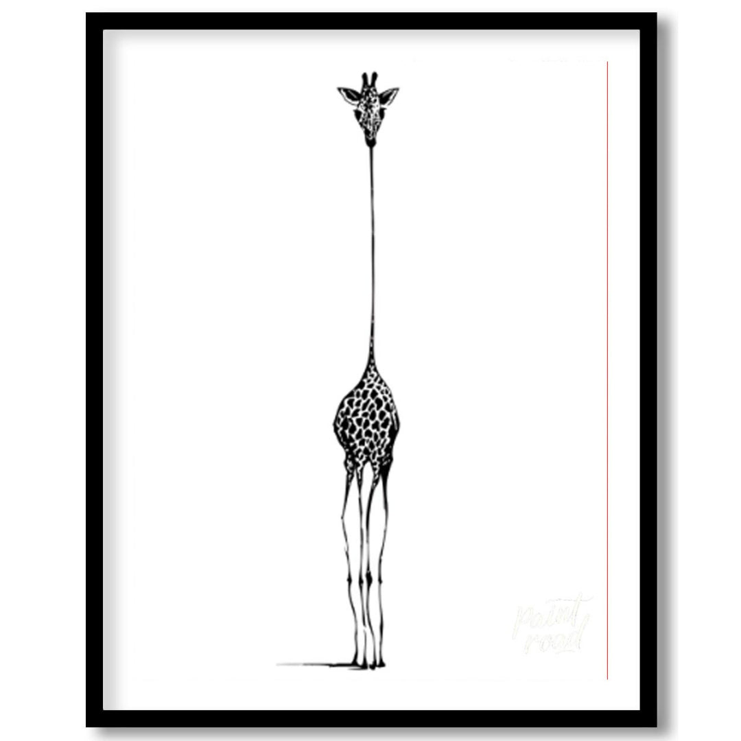 """Ascending Giraffe"" presents a minimalist illustration of a giraffe, rendered in black ink again… for room