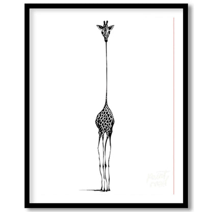 """Ascending Giraffe"" presents a minimalist illustration of a giraffe, rendered in black ink again… for room