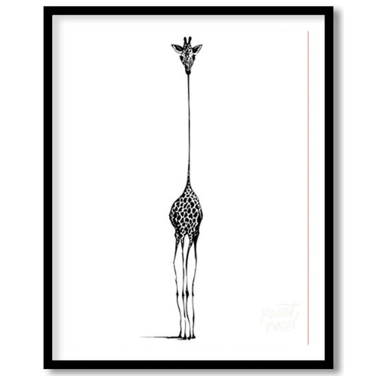 """Ascending Giraffe"" presents a minimalist illustration of a giraffe, rendered in black ink again… for room
