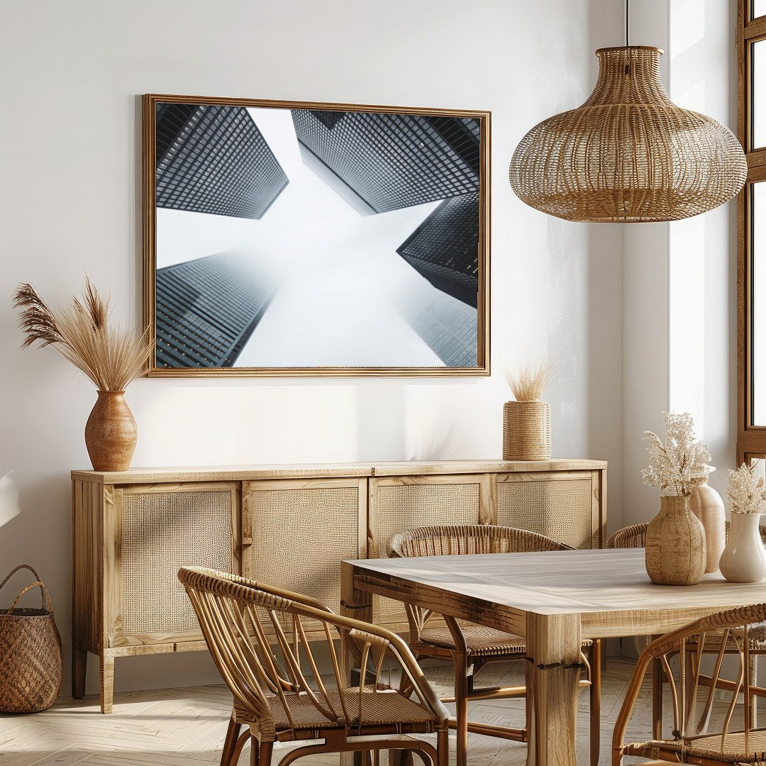 Capture the essence of urban architecture with this striking depiction of towering skyscrapers for Dining