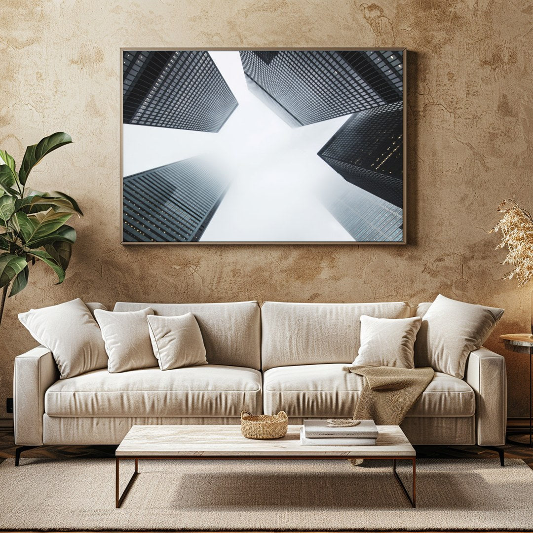 Capture the essence of urban architecture with this striking depiction of towering skyscrapers for Family Room