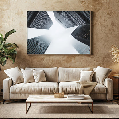Capture the essence of urban architecture with this striking depiction of towering skyscrapers for Family Room