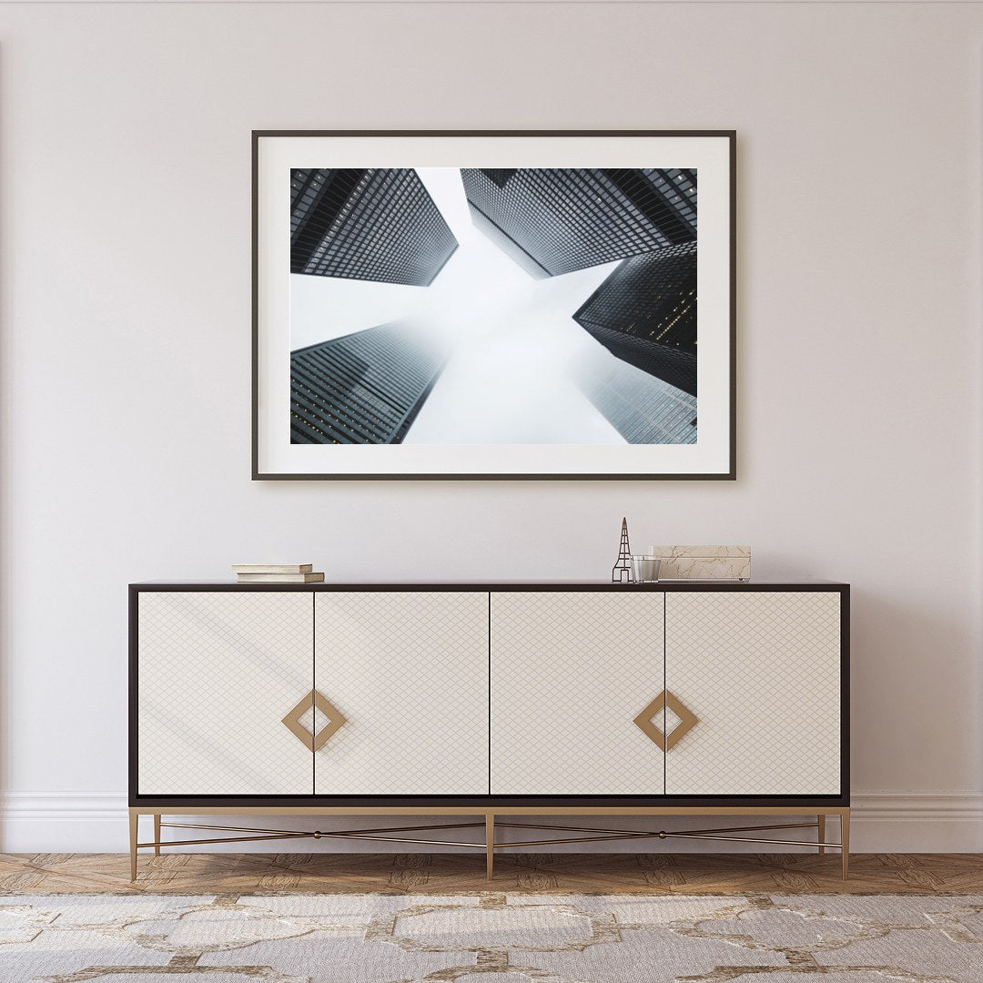 Capture the essence of urban architecture with this striking depiction of towering skyscrapers for Foyer