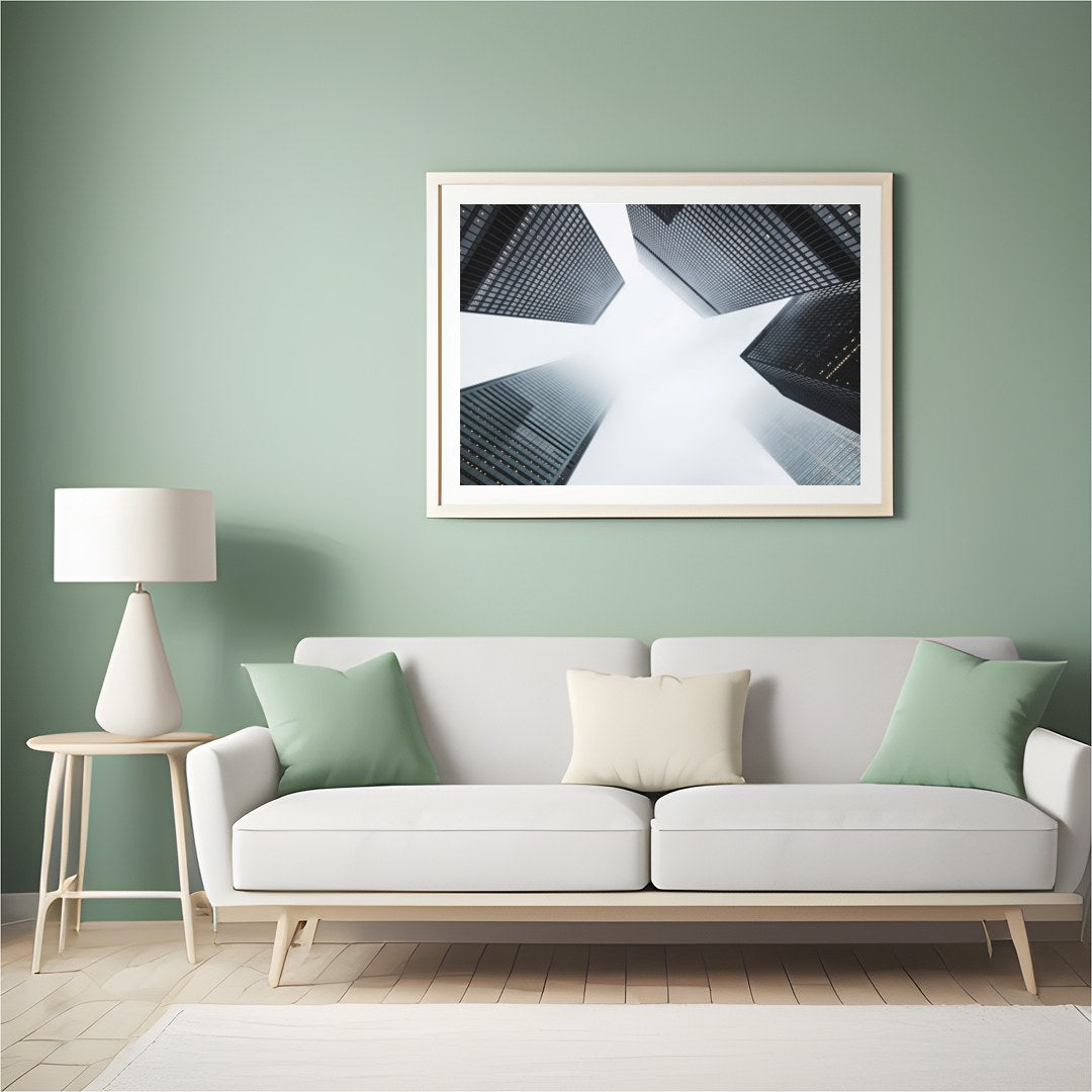 Capture the essence of urban architecture with this striking depiction of towering skyscrapers for Hall