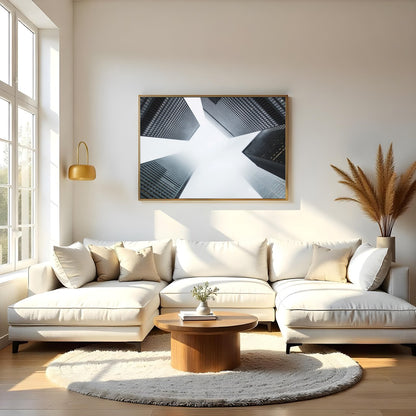 Capture the essence of urban architecture with this striking depiction of towering skyscrapers for Living Room