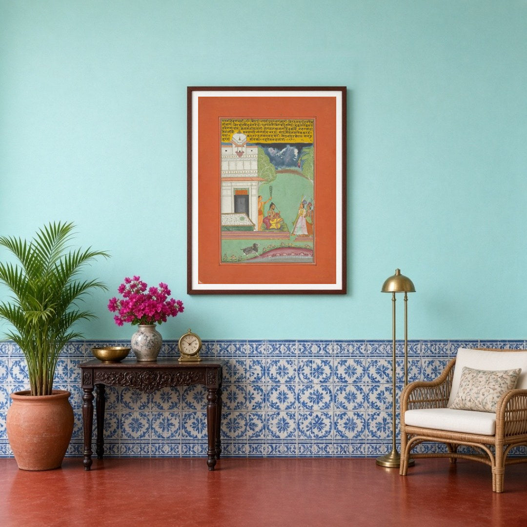 Experience the allure of Ragamala art with this captivating scene of an ascetic receiving noble for Entrance