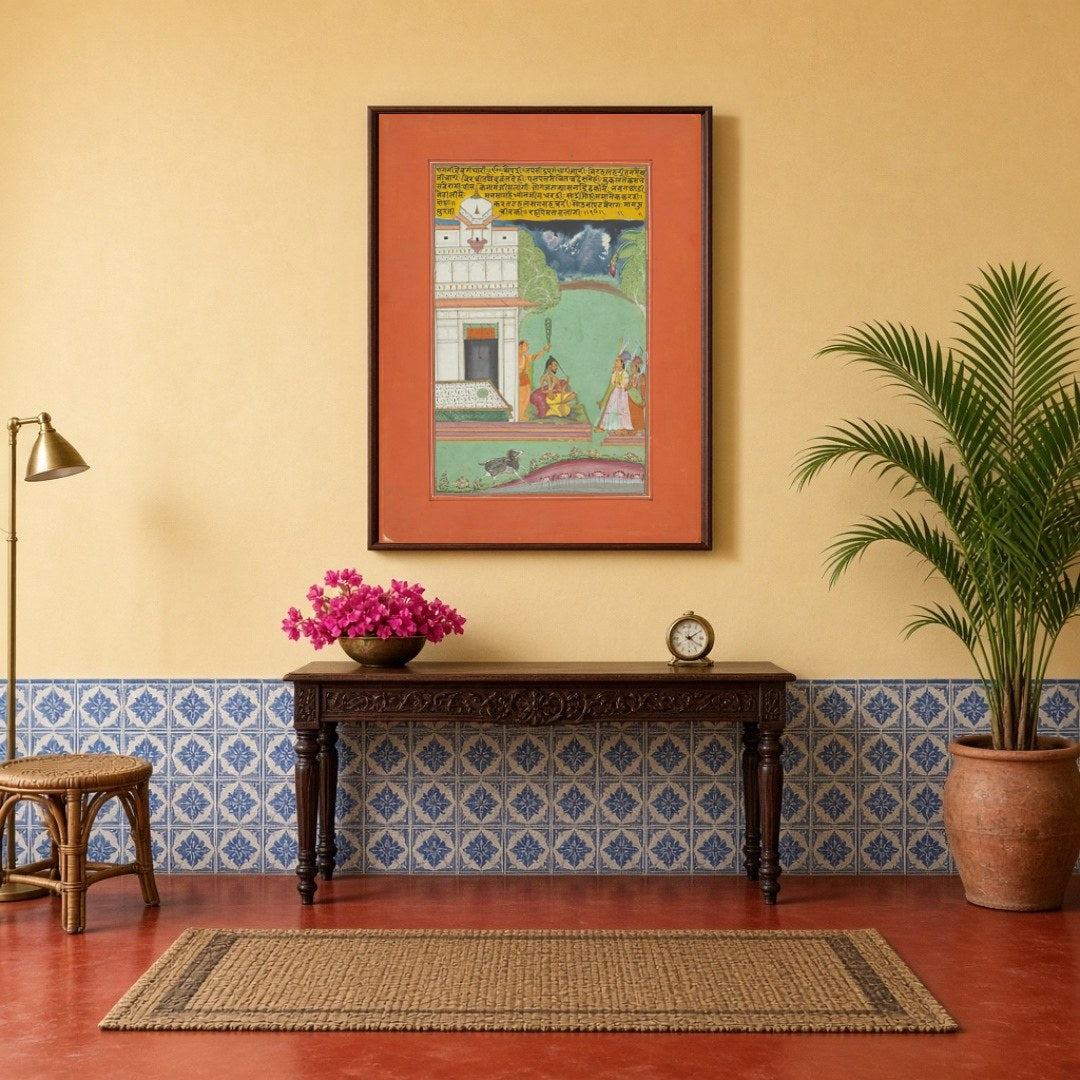 Experience the allure of Ragamala art with this captivating scene of an ascetic receiving noble for Hallway