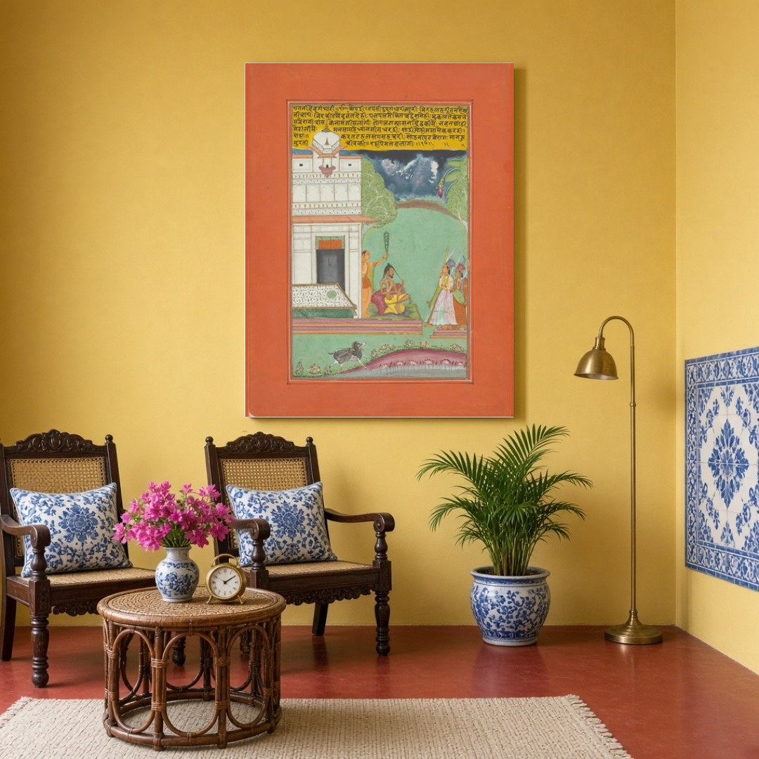 Experience the allure of Ragamala art with this captivating scene of an ascetic receiving noble for Sitting Area