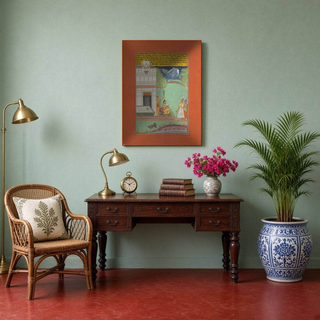 Experience the allure of Ragamala art with this captivating scene of an ascetic receiving noble for Study