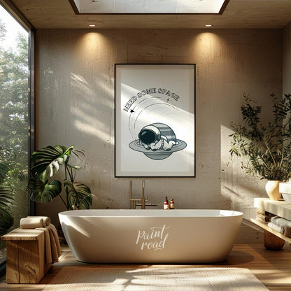 This whimsical design features a cartoon astronaut lounging effortlessly on the rings of Saturn, ne… for bathroom