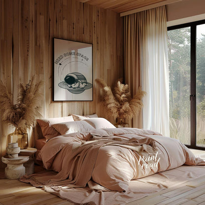 This whimsical design features a cartoon astronaut lounging effortlessly on the rings of Saturn, ne… for bedroom