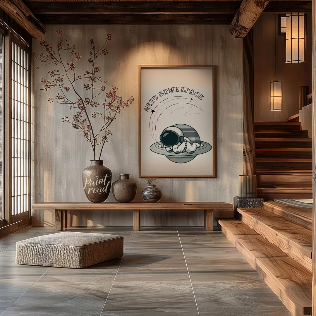 This whimsical design features a cartoon astronaut lounging effortlessly on the rings of Saturn, ne… for entryway