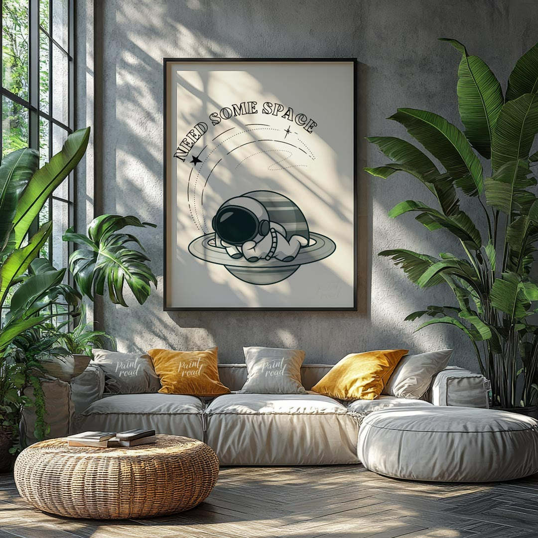 This whimsical design features a cartoon astronaut lounging effortlessly on the rings of Saturn, ne… for living room