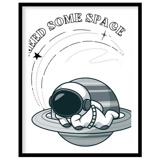 This whimsical design features a cartoon astronaut lounging effortlessly on the rings of Saturn, ne… for place