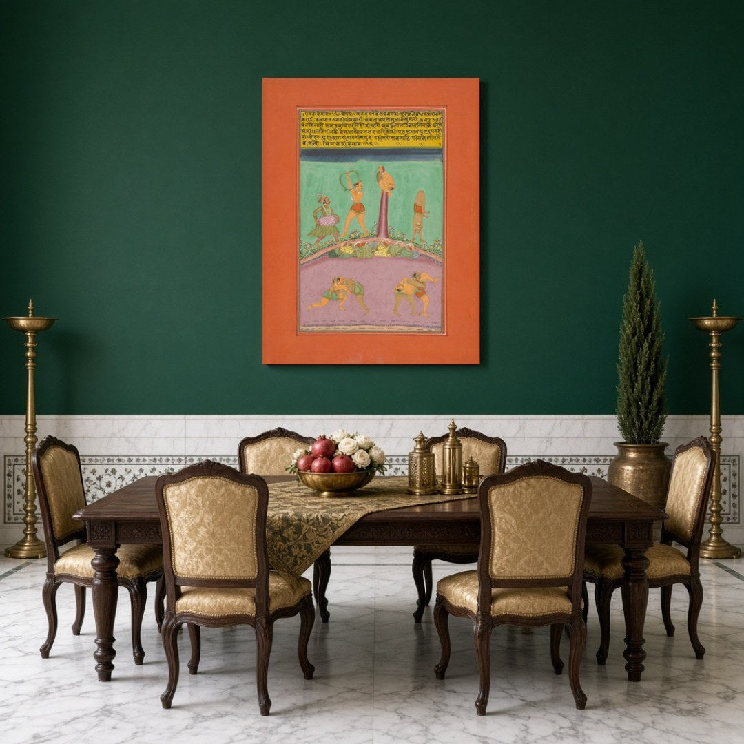 This vibrant Ragamala artwork captures the dynamic energy of athletes and musicians amidst a richly for Dining