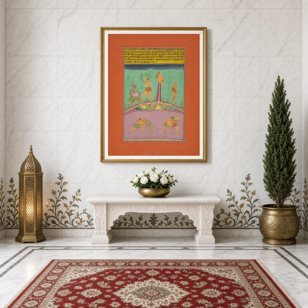 This vibrant Ragamala artwork captures the dynamic energy of athletes and musicians amidst a richly for Entrance