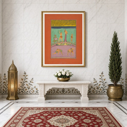 This vibrant Ragamala artwork captures the dynamic energy of athletes and musicians amidst a richly for Entrance