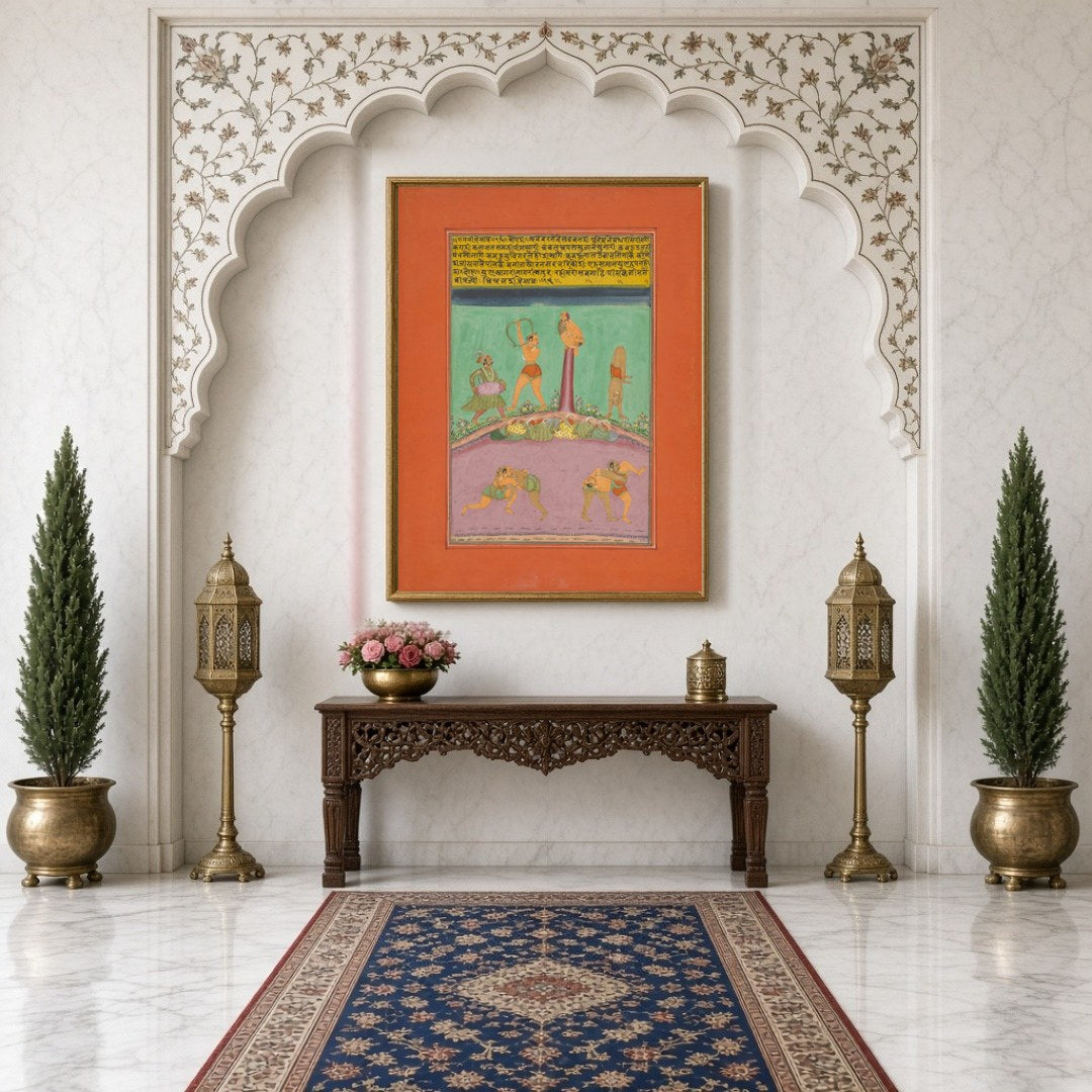 This vibrant Ragamala artwork captures the dynamic energy of athletes and musicians amidst a richly for Hallway