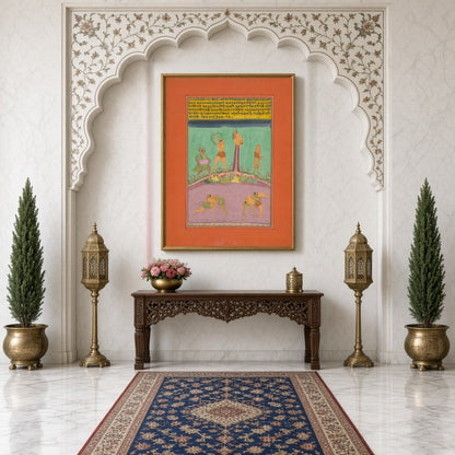 This vibrant Ragamala artwork captures the dynamic energy of athletes and musicians amidst a richly for Hallway