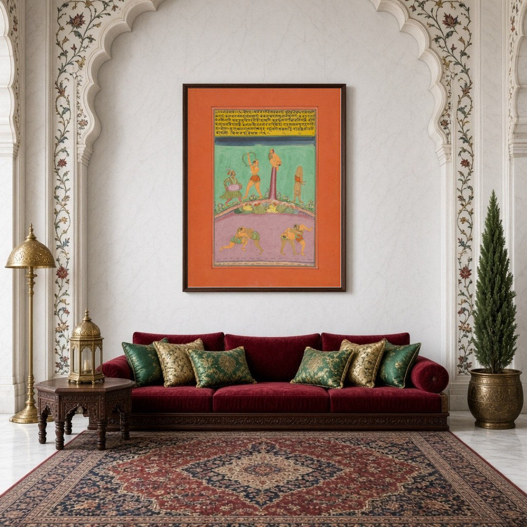 This vibrant Ragamala artwork captures the dynamic energy of athletes and musicians amidst a richly for Living Room